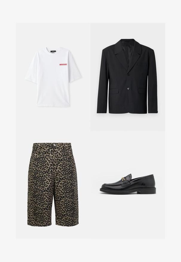 Blazer noir avec un col cranté, fermeture à un bouton, deux poches avant et une poche poitrine. Tissu lisse avec un design classique.; T-shirt en coton blanc à manches courtes, avec le texte rouge "OBSESSED2" sur le côté gauche du devant. Design classique à col rond.; Shorts en denim à imprimé léopard dans des tons terrestres, avec une fermeture à bouton, cinq poches et une coupe décontractée.; Mocassins en cuir noir avec un embout rond, présentant des accents en métal doré et des détails de couture, montés sur une semelle en caoutchouc texturé et basse.