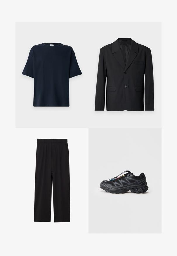 Μαύρο σακάκι με πέτο, κλείσιμο με έναν κουμπί, δύο μπροστινές τσέπες και τσέπη στο στήθος. Λείο υφάσμα με κλασικό σχέδιο.; Ναυτικό μπλε κοντομάνικο μπλουζάκι φτιαγμένο από μαλακό ύφασμα, με στρογγυλή λαιμόκοψη και χαλαρή εφαρμογή, χωρίς επιπλέον λεπτομέρειες ή σχέδια.; Μαύρο παντελόνι σε φαρδιά γραμμή με πιέτες μπροστά, πλευρικές τσέπες και λεία υφή υφάσματος. Σχεδιασμένο για άνετη εφαρμογή.; Μαύρο αθλητικό υποδήμα με άνω μέρος από υφασματοποιημένο πλέγμα, ενισχυμένη μύτη και σύστημα γρήγορης κορδόνων. Διαθέτει ανθεκτική σόλα και ελαφριά ανύψωση φτέρνας.