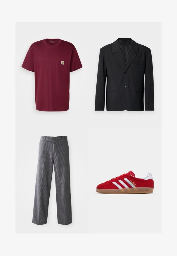 Sacou negru cu guler cu retez și închidere cu un singur nasture, două buzunare frontale și un buzunar pe piept. Fabrică netedă cu un design clasic.; Carhartt WIP POCKET - Tricou basic - malbec; Pantaloni largi gri cu dungi fine, cu bucle pentru curea, față plată și tivuri drepte, prezentati pe un fundal alb.; Sneaker roșu din suede cu un design alb cu trei dungi și text auriu "Gazelle". Dispune de o talpă din cauciuc și un toc texturat.