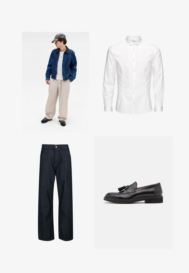 Jongere in een camouflagepet, blauwe spijkerjas, wit shirt, beige wijde broek, zwarte schoenen en een gouden kruisukkig, staand tegen een witte achtergrond.; Witte langesleeve overhemd met knopen, gemaakt van een gladde stof. Kenmerkt zich door een klassieke kraag, voor knopen en manchetten met één knoop. Slim fit ontwerp.; Donkerblauwe spijkerbroek met een rechte pasvorm, voorzien van een knoopsluiting, vijf zakken en contrasterende stiksels op de naden.; Zwarte leren instappers met een kwastje, ronde neus en een getextureerde zool. Heeft een gladde afwerking en een minimalistisch ontwerp.