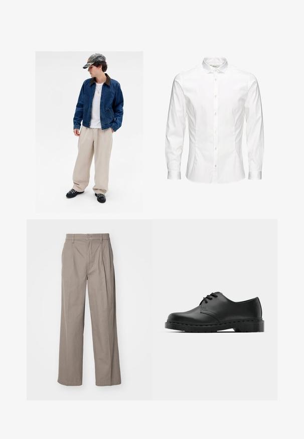 Giovane che indossa un cappello camouflage, giacca di jeans blu, camicia bianca, pantaloni larghi beige, scarpe nere e una collana con croce d'oro, in piedi davanti a uno sfondo bianco.; Camicia bianca a maniche lunghe con bottoni, realizzata in un tessuto liscio. Caratterizzata da un colletto classico, bottoni frontali e polsini con un bottone. Design slim fit.; Pantaloni beige a gamba larga realizzati in misto cotone, caratterizzati da pieghe e chiusura a bottoni. Tessuto liscio con orli cuciti.; Scarpa oxford in pelle nera con design con lacci, punta arrotondata, suola piatta in gomma e dettagli di cucitura discreti lungo la parte superiore.