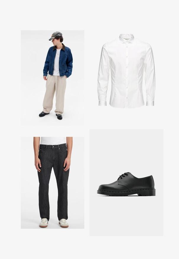 Jauns cilvēks, ģērbies kamuflāžas cepurē, zilā džinsu jaciņā, baltā krekla, bēšu platās biksēs, melnās kurpēs un ar zelta krusta kaklarotu,stāvošs pret balto fona.; Balta gara piedurkņu pogājamā krekls, kas izgatavots no gludas auduma. Iezīmē klasiskās apkakles, priekšējās pogas un pogturi ar vienu pogu. Šaura piegriezuma dizains.; Melna denima bikses ar taisnu piegriezumu, ar priekšu aizdari ar pogu, piecām kabatām un smalkiem izšuvumiem. Valkātas ar kedām.; Melnas ādas oksfordas kurpes ar auklošanas dizainu, noapaļota purngala, plakana gumijas zole un smalka šuvumu detaļa augšējā daļā.