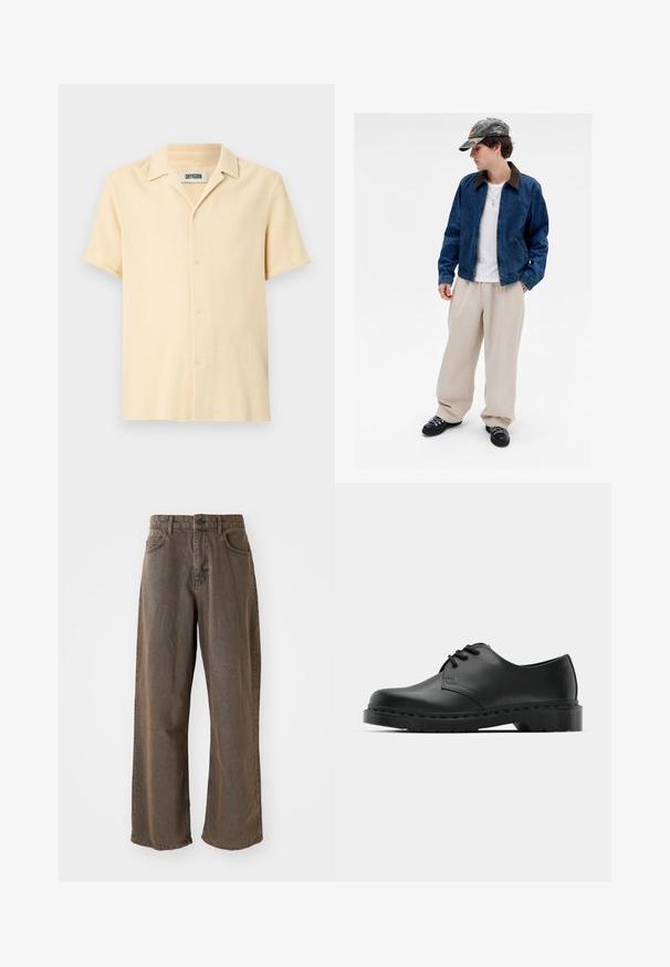 Fiatal személy álcázott sapkában, kék farmerdzsekiben, fehér ingben, bézs bő nadrágban, fekete cipőben és arany kereszt nyaklánccal áll egy fehér háttér előtt.; Rövid ujjú gombos ing világosbézs színben, texturált, szőtt mintával. Jellemzője a kivágott gallér és egyenes alj.; Széles lábú, barna farmernadrág gombos záródással, övlyukakkal és elülső zsebekkel. Az anyag enyhén kopott textúrájú.; Fekete bőr oxford cipő fűzős kialakítással, kerek orral, lapos gumitalppal és finom varrással a felső részen.