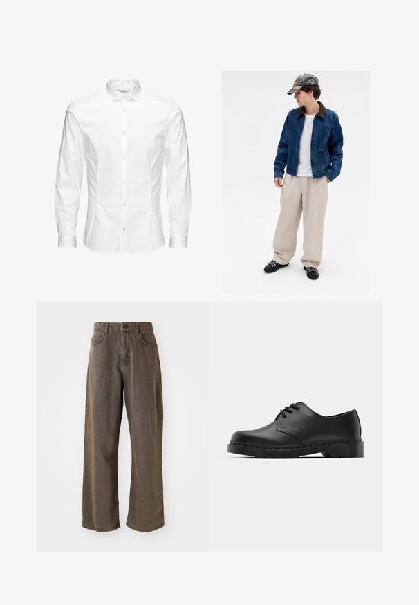 Mladý človek s maskáčovou čiapkou, modrou džínovou bundou, bielou košeľou, béžovými širokými nohavicami, čiernymi topánkami a zlatým krížovým náhrdelníkom, stojaci na bielom pozadí.; Biela košeľa s dlhým rukávom a zapínaním na gombíky, vyrobená z hladkého materiálu. Má klasický golier, predné gombíky a manžety na jeden gombík. Slim fit strih.; Dlhé hnedé denimové nohavice s širokými nohavicami, zapínaním na gombík, pútka na opasok a predné vrecká. Materiál má mierne vyblednutú textúru.; Čierne kožené oxfordky s viazaním, zaoblenou špičkou, plochou gumovou podrážkou a jemným prešívaním pozdĺž hornej časti.
