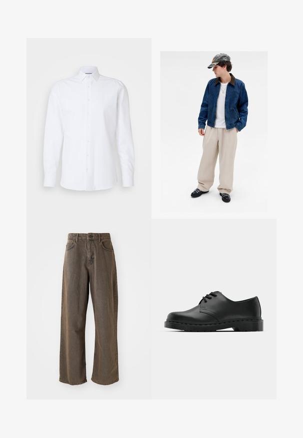 Giovane che indossa un cappello camouflage, giacca di jeans blu, camicia bianca, pantaloni larghi beige, scarpe nere e una collana con croce d'oro, in piedi davanti a uno sfondo bianco.; Camicia bianca a maniche lunghe con bottoni, realizzata in cotone morbido. Presenta un colletto classico, pattina frontale con bottoni e orlo dritto.; Pantaloni in denim marrone a gamba larga con chiusura a bottone, passanti per la cintura e tasche frontali. Il tessuto ha una texture leggermente sbiadita.; Scarpa oxford in pelle nera con design con lacci, punta arrotondata, suola piatta in gomma e dettagli di cucitura discreti lungo la parte superiore.