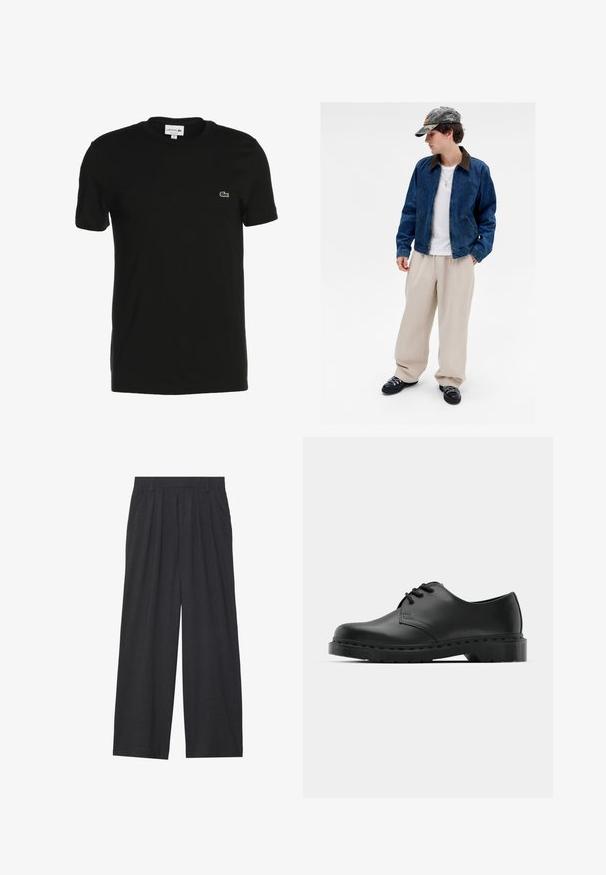 Ungdom som bærer en kamuflasje cap, blå jeansjakke, hvit skjorte, beige vide bukser, sorte sko og gull korskjede, står mot en hvit bakgrunn.; Svart bomull t-skjorte med korte ermer, rund hals og liten grønn Lacoste-logo på brystet. Jevn tekstur, klassisk passform.; Vide benbukser laget av mørkegrått stoff. Har legg i midjen, en skreddersydd design, og en rett silhuett.; Svarte lær oxford-sko med snøring, rund tå, flat gummisåle og diskret sømdetalj langs overflaten.