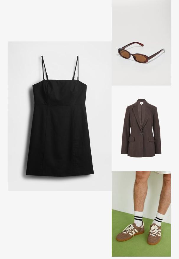 Brauner Blazer mit Nadelstreifen, mit Reverskragen, einem Knopfverschluss und zwei vorderen Taschen. Glatte Innenauskleidung in einem dunkleren Farbton.; Schwarzes Kleid mit dünnen, verstellbaren Trägern, figurbetonter Taille und ausgestelltem Rock. Hergestellt aus glattem Stoff mit einem klaren, minimalistischen Design.; Langärmliges Oberteil aus cremefarbener Stoff, mit leichter Raffung an den Seiten und klassischem Kragen. Sanfte Textur, schlichtes Design.; Braune Wildleder-Sneaker mit weißen Akzenten und Schnürsenkeln. Gummisohle in Kautschuk-Optik. Getragen mit weißen Socken, die schwarze Streifen haben. Grüner strukturierter Fußboden.; Runde, braun getönte Sonnenbrillen mit einem glänzenden burgunderfarbenen Rahmen. Schlanke Bügel mit dezentem Branding. Flaches Linsendesign.; Braune, geflochtene Lederhandtasche mit einer lässigen, dreieckigen Form. Verfügt über einen geflochtenen Griff und einen Reißverschluss an der Oberseite.