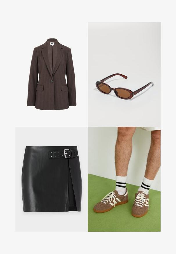 Blazer brun à rayures fines avec un col cranté, fermeture à un bouton et deux poches avant. Doublure intérieure lisse d'une teinte plus foncée.; Haut à manches longues en tissu couleur crème, avec un léger rassemblement sur les côtés et un col classique. Texture lisse, design simple.; Mini-jupe en simili cuir noir avec une ceinture réglable comportant une boucle en argent et des clous décoratifs, design à enroulement avant et texture lisse.; Baskets en daim marron avec des accents et des lacets blancs. Semelle en caoutchouc gomme. Portées avec des chaussettes blanches à rayures noires. Sol texturé vert.; Lunettes de soleil rondes teinte brun avec une monture bordeaux brillante. Branches fines avec un détail de marque subtil. Design de verres plats.; Sac à main en cuir tissé marron avec une forme triangulaire et souple. Il possède une poignée tressée et une fermeture éclair sur le dessus.