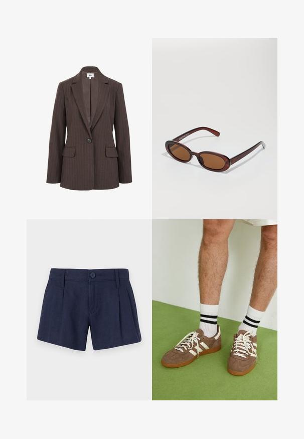 Sacou brun la dungă cu rever tăiat, închidere cu un singur nasture și două buzunare frontale. Captuseală interioară netedă într-o nuanță mai închisă.; Bluză cu mânecă lungă dintr-un material de culoare crem, cu o ușoară adunare pe laterale și un guler clasic. Textură netedă, design simplu.; Pantaloni scurți din in de culoare bleu marin, cu o textură netedă, având pliseuri în față, închidere cu un singur nasture și bucle standard pentru curea.; Adidași maro din suede cu accente și șireturi albe. Talpă din cauciuc de culoare caramel. Purtați cu șosete albe cu dungi negre. Pardoseală verde texturată.; Ochelari de soare rotunzi, cu nuanțe de brown și cu un cadru lucios de burgund. Brațe subțiri cu detalii subtile de branding. Design cu lentile plate.; Geantă din piele împletită, de culoare maro, cu o formă triangulară, lejeră. Are un mâner împletit și închidere cu fermoar pe partea superioară.
