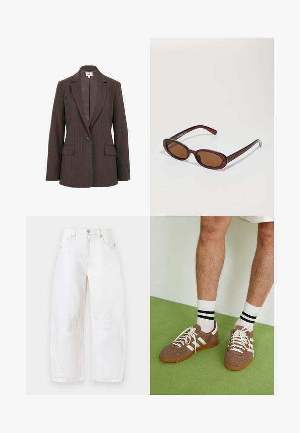 Ruskea raidoitettu bleiseri, jossa on lovellinen kaulus, yksittäinen nappikiinnitys ja kaksi etutaskua. Sisävuori on sileä ja tummemmassa sävyssä.; Pitkähihainen paita vaaleassa kankaassa, jossa on lievää kerääntymistä sivuilla ja klassinen kaulus. Sujuva rakenne, yksinkertainen muotoilu.; Valkoiset, leveät farkut, joissa on napitus, viisi taskua ja hillityt tikkausaukot. Pehmeä rakenne ja renno muotoilu. Ei näkyviä kulumia.; Ruske nahkate sneakerit valkoisilla korostuksilla ja nauhoilla. Kumi-gumipohja. Yhdistetty valkoisiin sukkiin, joissa on mustia raitoja. Vihreä teksturoitu lattia.; Pyöreät, ruskehtavat aurinkolasit, joissa on kiiltävä burgundinpunainen runko. Kapeat sivut, joissa on hienovarainen brändäys. Litteät linssit.; Ruskean kudottu nahkainen käsilaukku, jolla on löysä, kolmiomainen muoto. Varustettu punotulla kahvalla ja vetoketjukiinnityksellä ylhäällä.