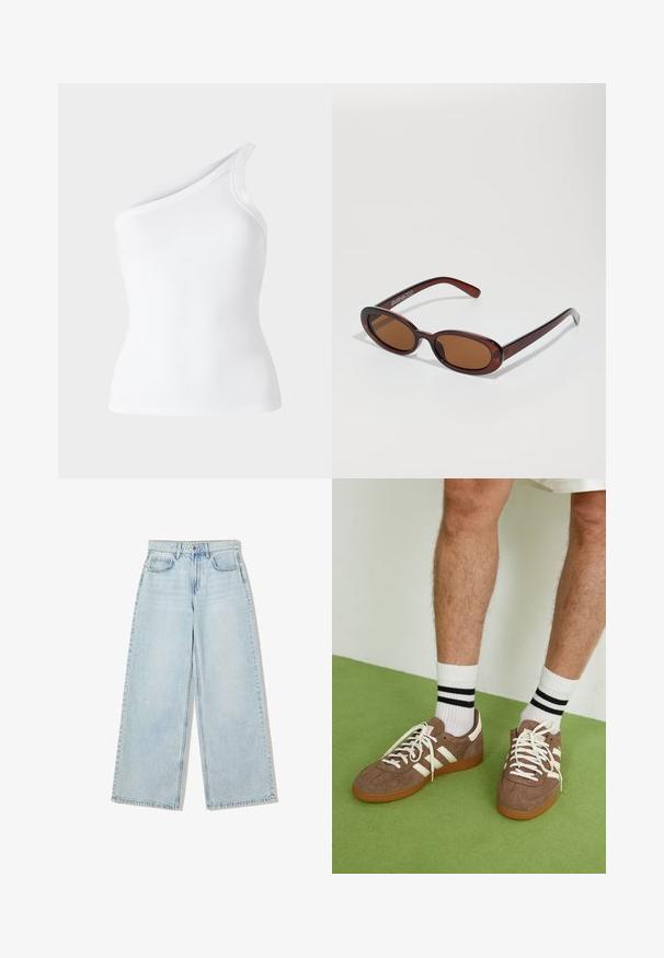 Brown pinstriped blazer with a notched lapel, single button closure, and two front pockets. Smooth interior lining in a darker shade.; White ribbed sleeveless top with an asymmetrical one-shoulder design. Smooth texture, fitted silhouette, and clean edges.; Light blue wide-leg jeans made of denim, featuring a high waist, five-pocket design, and visible stitching along the seams.; Brown suede sneakers with white accents and laces. Rubber gum sole. Worn with white socks featuring black stripes. Green textured flooring.; Round, brown-tinted sunglasses with a glossy burgundy frame. Slim arms with subtle branding detail. Flat lens design.; Brown woven leather handbag with a slouchy, triangular shape. Features a braided handle and a zipper closure along the top.