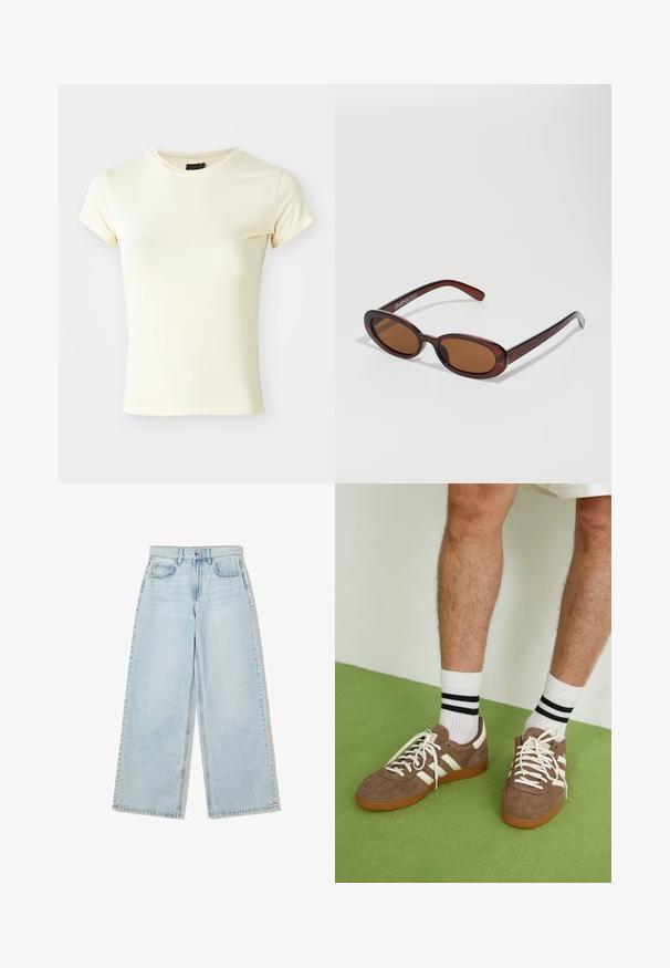 Ruskea raidoitettu bleiseri, jossa on lovellinen kaulus, yksittäinen nappikiinnitys ja kaksi etutaskua. Sisävuori on sileä ja tummemmassa sävyssä.; Kermavaara lyhyet hihapaita, joka on valmistettu pehmeästä kankaasta, pyöreällä pääntiellä, muotoiltu istuvaksi ilman näkyviä kuvioita tai korostuksia.; Vaaleansiniset leveälahkeiset farkut, joissa on korkeavyötärö, viisi taskua ja näkyvät ompeleet saumoissa.; Ruske nahkate sneakerit valkoisilla korostuksilla ja nauhoilla. Kumi-gumipohja. Yhdistetty valkoisiin sukkiin, joissa on mustia raitoja. Vihreä teksturoitu lattia.; Pyöreät, ruskehtavat aurinkolasit, joissa on kiiltävä burgundinpunainen runko. Kapeat sivut, joissa on hienovarainen brändäys. Litteät linssit.; Ruskean kudottu nahkainen käsilaukku, jolla on löysä, kolmiomainen muoto. Varustettu punotulla kahvalla ja vetoketjukiinnityksellä ylhäällä.