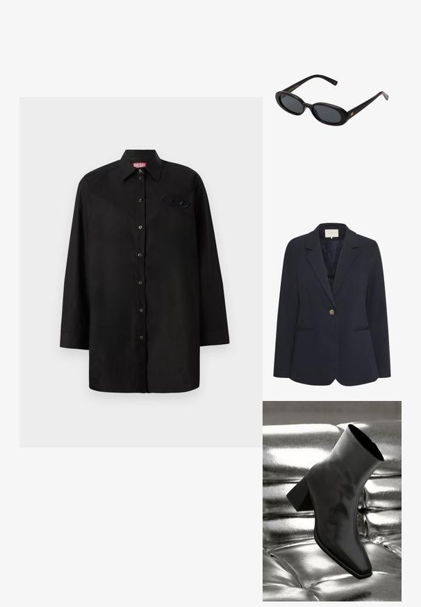 Granatowa marynarka z klapami, z zapięciem na jeden guzik, dwoma przednimi kieszeniami oraz gładką fakturą. Podszewka wewnętrzna.; Czarna koszula z długim rękawem, wykonana z gładkiego materiału, z przodem zapinanym na guziki, z kołnierzykiem w kształcie wektora oraz tonalną naszywką z logo na piersi.; Czarne botki za kostkę wykonane z błyszczącego materiału, z kwadratowym noskiem i zwężającym się obcasem, na tle błyszczącego srebrnego tapicerowanego tła.; Czarne, oversize okulary przeciwsłoneczne z owalnymi soczewkami, gładkim plastikowym mostkiem i złotymi akcentami na zausznikach. Ciemne soczewki zapewniają ochronę przed słońcem.