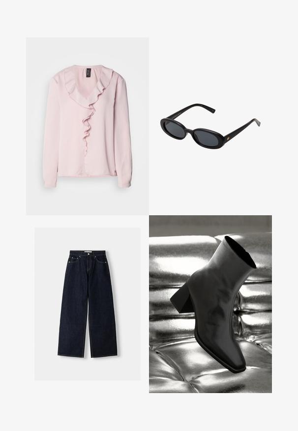 Blazer blu navy con colletto a punte, chiusura a singolo bottone, due tasche frontali e una texture liscia. Interno foderato.; Blusa rosa chiaro a maniche lunghe con scollatura a V, caratterizzata da un ruffle decorativo sul davanti. Tessuto morbido, vestibilità casual.; Jeans a gamba larga in denim blu scuro con vita alta, cinque tasche, cuciture a contrasto e hardware in metallo argentato. Texture liscia e finitura pulita.; Stivale alla caviglia nero realizzato in materiale lucido con punta quadrata e tacco affusolato, posizionato su uno sfondo argentato lucido con imbottiture a sfera.; Occhiali da sole neri oversize con lenti ovali, montatura in plastica liscia e accenti dorati sulle tempie. Le lenti scure offrono protezione dal sole.