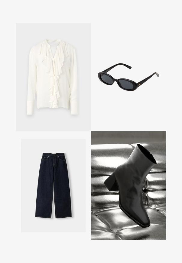 Marineblazer mit Reverskragen, einem Knopfverschluss, zwei Fronttaschen und einer glatten Textur. Futter im Inneren.; Weiße Bluse mit langen Ärmeln und einem gerafften Vorderteil, rundem Halsauschnitt und Knopfleiste. Aus weichem, leichtem Material.; Dunkelblaue, weite Jeans mit hoher Taille, fünf Taschen, Kontrastnähten und silbernem Metallzubehör. Glatte Textur und saubere Verarbeitung.; Schwarzer Knöchelstiefel aus glänzendem Material mit quadratischer Zehenform und verjüngtem Absatz, vor einem glänzenden silbernen gepolsterten Hintergrund.; Schwarze, oversized Sonnenbrillen mit ovalen Gläsern, glattem Kunststoffrahmen und goldenen Akzenten an den Bügeln. Die dunklen Gläser bieten Sonnenschutz.