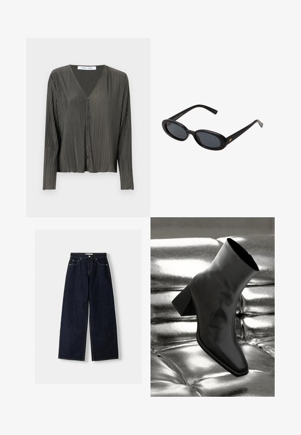 Marineblazer mit Reverskragen, einem Knopfverschluss, zwei Fronttaschen und einer glatten Textur. Futter im Inneren.; Dunkelgrünes, langärmliges Hemd mit Knopfleiste und V-Ausschnitt, mit plissierter Textur und schwarzen Knöpfen. Der Stoff wirkt glatt und leicht.; Dunkelblaue, weite Jeans mit hoher Taille, fünf Taschen, Kontrastnähten und silbernem Metallzubehör. Glatte Textur und saubere Verarbeitung.; Schwarzer Knöchelstiefel aus glänzendem Material mit quadratischer Zehenform und verjüngtem Absatz, vor einem glänzenden silbernen gepolsterten Hintergrund.; Schwarze, oversized Sonnenbrillen mit ovalen Gläsern, glattem Kunststoffrahmen und goldenen Akzenten an den Bügeln. Die dunklen Gläser bieten Sonnenschutz.
