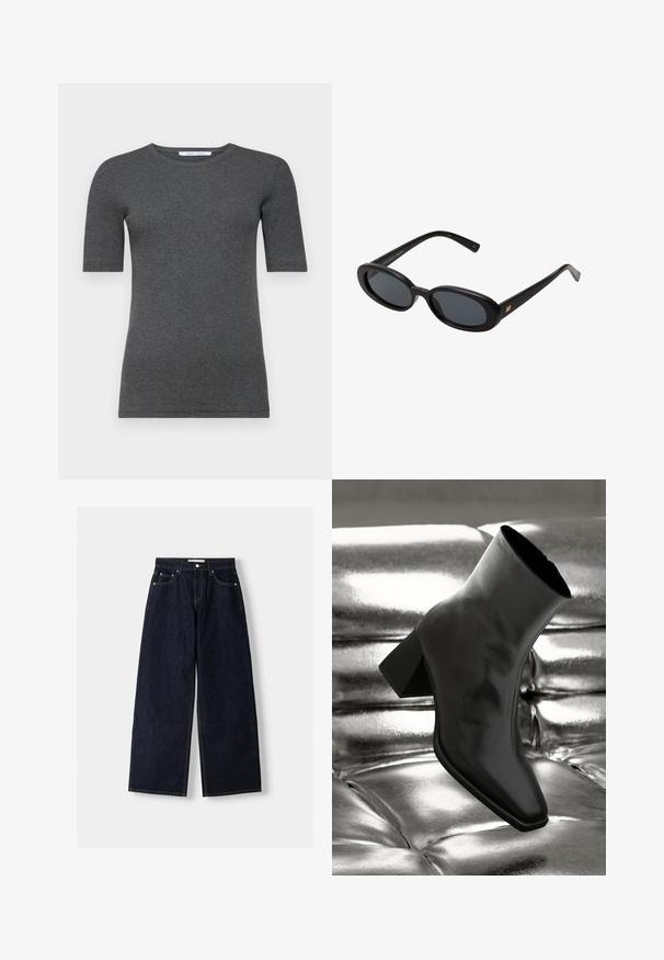 Laivaston sininen bleiseri, jossa on lovettu kaulus, yksittäinen napitus, kaksi etutaskua ja sileä pinta. Vuorattu sisäosa.; Harmaa lyhythihainen t-paita, joka on valmistettu pehmeästä ja joustavasta kankaasta. Paitassa on pyöreä kaula-aukko ja muotoiltu leikkaus, ja se omaa sileän pinnan sekä minimalistisen muotoilun.; Tummansiniset farkut, joissa on leveät lahkeet ja korkea vyötärö, viisi taskua, kontrastiväriset saumat ja hopeiset metalliosat. Sileä pinta ja siisti viimeistely.; Musta nilkkuri, joka on valmistettu kiiltävästä materiaalista, jossa on neliömäinen kärki ja kapeahko kanta, asetettuna kiiltävän hopean tuftatun taustan eteen.; Mustat ylisuuruiset aurinkolasit, jotka ovat soikeat linssit, sileä muovikehys ja kultaiset korostukset temppeleissä. Tummat linssit tarjoavat suojaa auringolta.