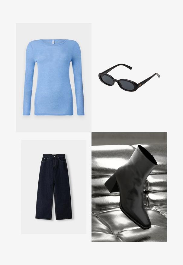 Navy blazer with a notched collar, single button closure, two front pockets, and a smooth texture. Lined interior.; Light blue long-sleeve t-shirt in a soft, lightweight fabric. Features a round neck and fitted design. No visible patterns or accents.; Dark blue denim wide-leg jeans with a high waist, five pockets, contrast stitching, and silver metal hardware. Smooth texture and clean finish.; Black ankle boot made of glossy material with a square toe and tapered heel, set against a shiny silver tufted background.; Black oversized sunglasses with oval lenses, smooth plastic frame, and gold accents on temple. Dark lenses provide sun protection.