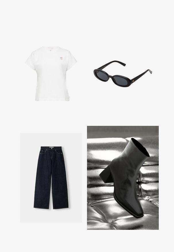 Marineblauwe blazer met een geknipt kraag, enkele knopen sluiting, twee voorzakken en een gladde textuur. Gevoerde binnenkant.; Witte katoenen t-shirt met korte mouwen, ronde halslijn en kleine kleurrijke bloemborduursels op de linker borst. Eenvoudig en klassiek ontwerp.; Donkerblauwe denim wijduitlopende jeans met een hoge taille, vijf zakken, contrasterende stiksels en zilveren metalen hardware. Gladde textuur en een nette afwerking.; Zwarte enkellaarsjes van glanzend materiaal met een vierkante neus en taps toelopende hak, afgezet tegen een glanzende zilveren gecapitonneerde achtergrond.; Zwarte oversized zonnebril met ovale lenzen, een glad plastic montuur en gouden accenten op de pootjes. Donkere lenzen bieden bescherming tegen de zon.