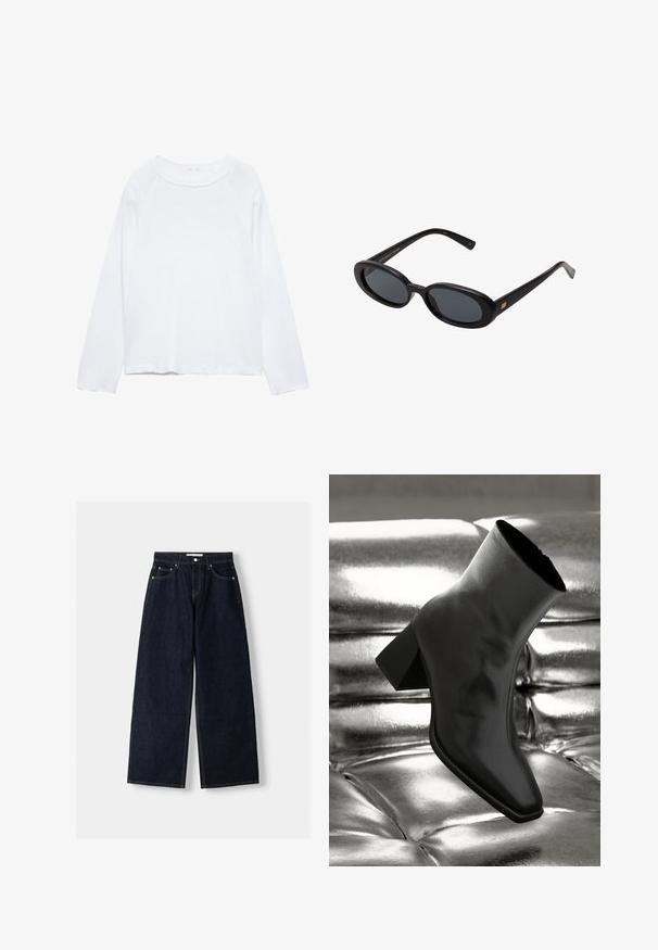 Laivaston sininen bleiseri, jossa on lovettu kaulus, yksittäinen napitus, kaksi etutaskua ja sileä pinta. Vuorattu sisäosa.; Valkoinen pitkähihaista paita, jossa on pyöreä pääntie, valmistettu kevyestä kankaasta. Ominaisuuksiin kuuluvat raglan-hihat ja rento istuvuus. Sujuva pinta, ei kuvioita.; Tummansiniset farkut, joissa on leveät lahkeet ja korkea vyötärö, viisi taskua, kontrastiväriset saumat ja hopeiset metalliosat. Sileä pinta ja siisti viimeistely.; Musta nilkkuri, joka on valmistettu kiiltävästä materiaalista, jossa on neliömäinen kärki ja kapeahko kanta, asetettuna kiiltävän hopean tuftatun taustan eteen.; Mustat ylisuuruiset aurinkolasit, jotka ovat soikeat linssit, sileä muovikehys ja kultaiset korostukset temppeleissä. Tummat linssit tarjoavat suojaa auringolta.