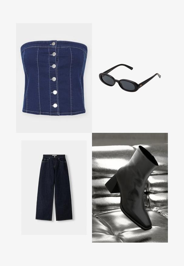 Tengerészblézer visszahajtott gallérral, egysoros gombolással, két elülső zsebbel és sima textúrával. Bélése van.; Tengerész kék farmer anyagú, pánt nélküli felső, függőleges varrással és hat ezüst színű patenttal az elején. Simaság és testre simuló fazon jellemzi.; Sötétkék farmer széles szárú nadrág magas derékkal, öt zsebbel, eltérő varrással és ezüstszínű fémalkatrészekkel. Sima textúra és tiszta finish.; Fekete bokacsizma fényes anyagból, négyzetes orral és szűkített sarkú, egy csillogó ezüst kárpitozott háttér előtt.; Fekete, oversize napszemüveg ovális lencsékkel, sima műanyag kerettel és arany részletekkel a fülpánton. Sötét lencséi védelmet nyújtanak a napfény ellen.