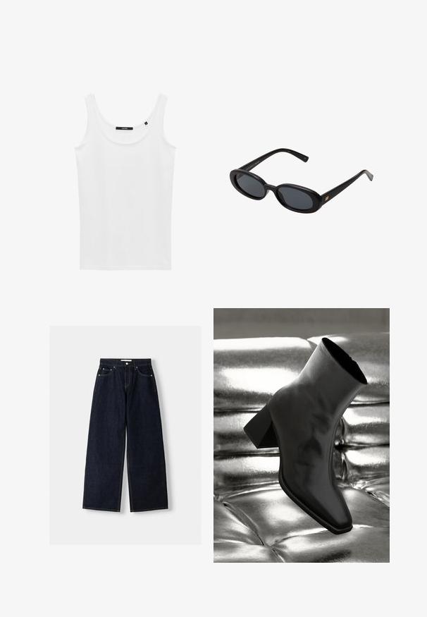Blazer blu navy con colletto a punte, chiusura a singolo bottone, due tasche frontali e una texture liscia. Interno foderato.; Canotta bianca realizzata in tessuto liscio, con scollatura rotonda e spalline larghe. Design semplice senza motivi o accenti visibili.; Jeans a gamba larga in denim blu scuro con vita alta, cinque tasche, cuciture a contrasto e hardware in metallo argentato. Texture liscia e finitura pulita.; Stivale alla caviglia nero realizzato in materiale lucido con punta quadrata e tacco affusolato, posizionato su uno sfondo argentato lucido con imbottiture a sfera.; Occhiali da sole neri oversize con lenti ovali, montatura in plastica liscia e accenti dorati sulle tempie. Le lenti scure offrono protezione dal sole.
