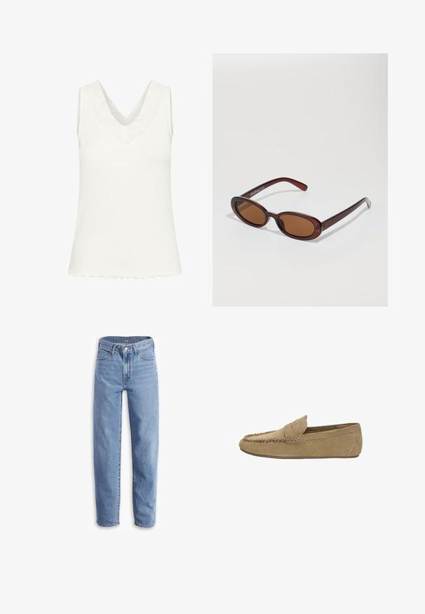 Blazer nero a righe con ampi rever, design doppiopetto, due bottoni e due tasche frontali orizzontali.; Top senza maniche a scollo a V in tessuto a coste bianco, con un bordo in pizzo sul colletto e un orlo ondulato. Texture liscia in tutta la sua superficie.; Jeans azzurri chiari in denim, con una vestibilità rilassata, gamba dritta, design a cinque tasche e orli sfilacciati per un aspetto casual.; Mocassino da uomo in suede marrone chiaro con punta cucita e fascia a penny, suola piatta in gomma, profilo laterale su sfondo bianco.; Occhiali da sole rotondi con tonalità marrone, montatura lucida color bordeaux. Aste sottili con un sottile dettaglio del marchio. Design delle lenti piatte.