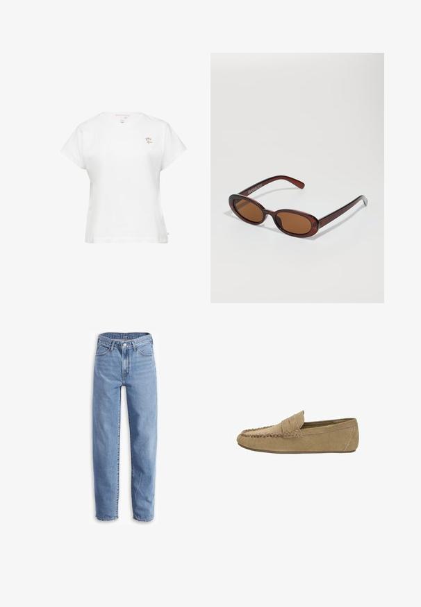 Schwarzer Nadelstreifen-Blazer mit breiten Revers, doppelreihigem Design, zwei Knöpfen und zwei horizontalen Fronttaschen.; Weißes Baumwoll-T-Shirt mit kurzen Ärmeln, rundem Halsausschnitt und kleiner, bunter Blumenstickerei auf der linken Brust. Einfaches und klassisches Design.; Helle blaue Jeans aus Denim, mit entspannter Passform, geradem Bein, Fünf-Taschen-Design und ausgefransten Säumen für einen lässigen Look.; Hellbraune Wildleder-Herrenlober mit genähter Mokassin-Spitze und Penny-Riemen, flache Gummisohle, seitliches Profil auf weißem Hintergrund.; Runde, braun getönte Sonnenbrillen mit einem glänzenden burgunderfarbenen Rahmen. Schlanke Bügel mit dezentem Branding. Flaches Linsendesign.