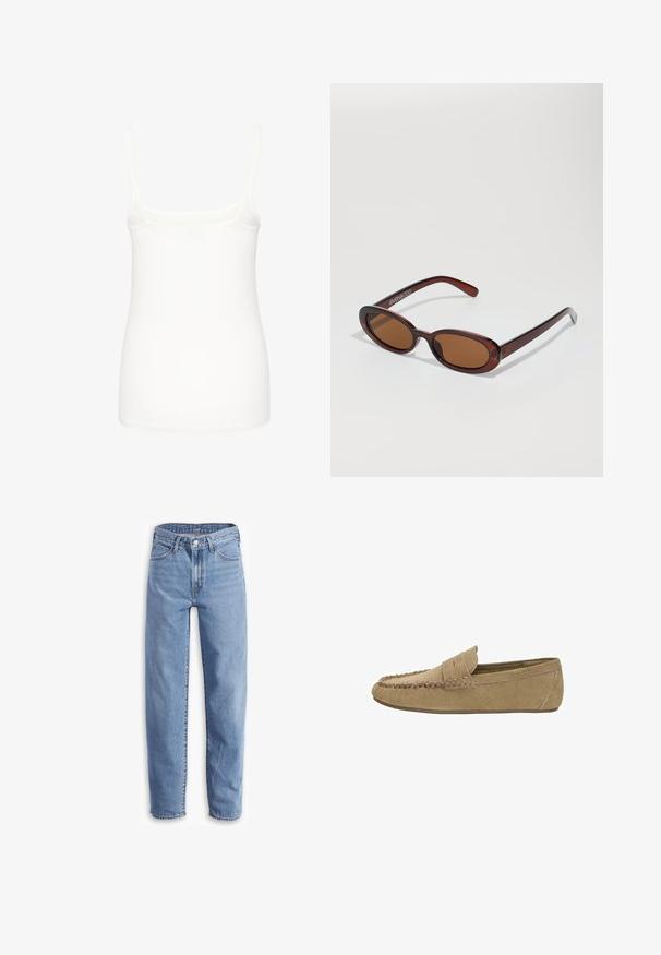 Černý oblekový blejzr s širokými klopami, dvouřadým zapínáním, dvěma knoflíky a dvěma horizontálními předními kapsami.; Bílá bezrukávová camisolka vyrobená z hladké látky, s tenkými ramínky a přiléhavým střihem s rovným lemem. Žádné další vzory ani akcenty.; Světle modré džíny vyrobené z denimu, s uvolněným střihem, rovnými nohavicemi, pěti kapsami a roztrhanými lemy pro neformální vzhled.; Světle hnědý nubukový pánský loafers s prošívaným mokasínovým špičkou a páskem na peníze, plochá gumová podrážka, boční profil na bílém pozadí.; Kulaté sluneční brýle hnědé barvy s lesklým burgundským rámem. Úzké nožičky s jemným logem. Rovné čočky.