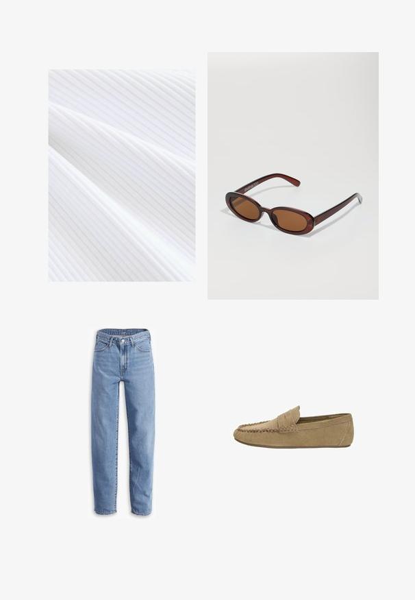 Black pinstripe blazer with wide lapels, double-breasted design, two buttons, and two horizontal front pockets.; White ribbed textile featuring fine vertical lines and a smooth texture, draping in gentle folds.; Light blue jeans made of denim, with a relaxed fit, straight leg, five-pocket design, and frayed hems for a casual look.; Light brown suede men's loafer with stitched moc toe and penny strap, flat rubber sole, side profile on white background.; Round, brown-tinted sunglasses with a glossy burgundy frame. Slim arms with subtle branding detail. Flat lens design.