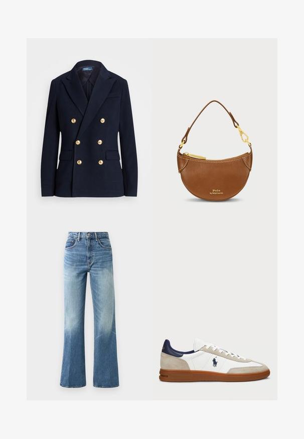 Tumed kaheuunine bleiser tekstuurses kangas, millel on kuldtoonides nupud, lõhikuga krae ja kaks esikotid.; Kreemivärvi nööriga kudum, millel on V-kaelus, ja mis sisaldab tumesiniseid ja helesiniseid triibusid krae ja alumise äärise peal.; Heled sinised kõrge vöökohaga teksad, millel on lai jalg, tuhm tekstuur, viis taskut ja metallist nupuga sulgemine.; Valged ja beežid sneakers, mille pealis on valmistatud nahast ja sugudest, mereväe aktsentidega ning pruuni kummitaldaga. Omab logot külgedel ja paeltega disaini.; Pruun nahast kott, millel on kõver kuju ja kuldne riistvara. Varustatud ülemise tõmblukuga ja esiküljel reljeefne logo. Kaasa on lühike käepide.