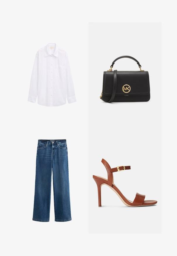 Marineblå dobbeltbrystet blazer i et tekstureret stof, med guldtonede knapper, spidse lapeller og to forlommer.; Hvid langærmet skjorte lavet af bomuld, med knaplukning foran, krave og en enkelt brystsæk. Glat, ensartet tekstur.; Blå vidde jeans i denim med høj talje, fem lommer, subtile slidte detaljer, knaplukning og kontrasterende syninger.; Brune læder højhælede sandal med et elegant design, justerbar ankelrem og subtil guldspænde accenter. Åben tå og glat tekstur.; Sort læder håndtaske med en struktureret design, der har et guld cirkulært logo, en top håndtag og en aftagelig skulderrem.