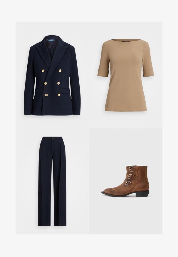 Blazer azul marino de doble botonadura en una tela texturizada, con botones en tono dorado, solapas con muesca y dos bolsillos frontales.; Top beige de manga corta con cuello redondo, que presenta puños enrollados y una textura suave. Detalle de pequeño logo cerca del dobladillo.; Pantalones de pierna ancha en color marino con pliegues, cierre de botón y una textura de tela suave. Diseñados para un ajuste suelto y cómodo.; Botas de cuero marrón hasta el tobillo con tres hebillas plateadas, punta afilada y costuras decorativas a lo largo de los lados. Tacón bajo en bloque.