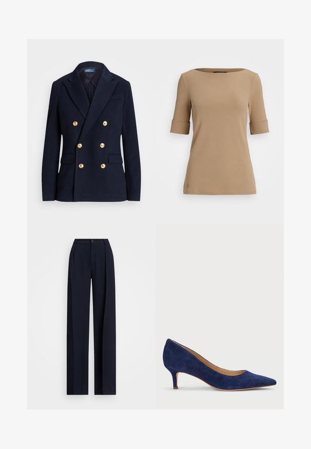 Mornarica dvostruko zatvorena blejzer u teksturiranom materijalu, sa zlatnim dugmadima, rever iskošene kragne i dva prednja džepa.; Bež majica kratkih rukava s okruglim izrezom, koja ima zavrnute manžete i glatku teksturu. Mali logo detalj blizu donjeg ruba.; Mornarske široke hlače s plisama, kopčanjem na dugme i glatkom teksturom tkanine. Dizajnirane za slobodan, udoban kroj.; Tamno plava suđena visoka potpetica s uskim vrhom i tankom, kratkom potpeticom, koja ima glatku teksturu i minimalistički dizajn.
