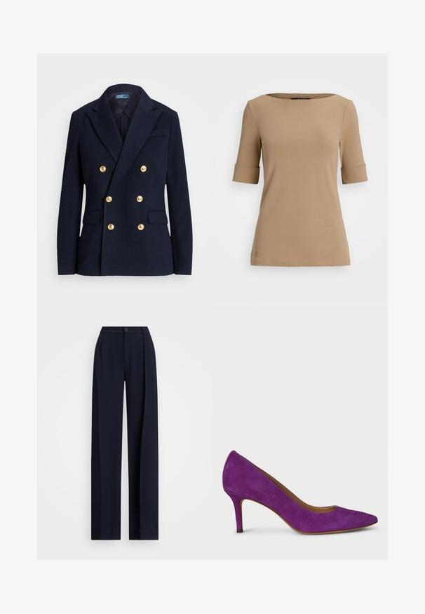 Blazer bleu marin cu două rânduri de nasturi, dintr-un material texturat, având butoane de culoare aurie, rever cu tăietură și două buzunare frontale.; Top bej cu mânecă scurtă și guler rotund, având tivuri răsucite și o textură netedă. Detaliu mic cu logo aproape de tiv.; Pantaloni largi de culoare bleumarin cu pliuri, închidere cu nasture și textură de material neted. Concepți pentru o ajustare lejeră și confortabilă.; Pantofii cu toc înalt din suede purpuriu, cu vârf ascuțit, design elegant și toc de aproximativ 7,5 cm. Interiorul neted și detalii minime.