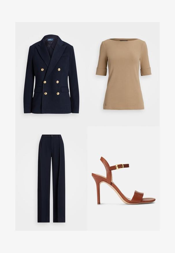Sötétkék, dupla soros blézer texturált anyagból, aranyszínű gombokkal, bemetszett hajtókával és két elülső zsebbel.; Beige színű, rövid ujjú felső, kerek nyakkivágással, felgöngyölt ujjak és sima textúra jellemzi. Kis logó részlet az alján.; Hajózási stílusú, széles lábú nadrág redőkkel, gombos záródással és sima szövettextúrával. Szellős, kényelmes illeszkedésre tervezve.; Barna bőr, magas sarkú szandál, elegáns kialakítással, állítható boka pánttal és diszkrét arany csattal. Nyitott orrú és sima textúrájú.