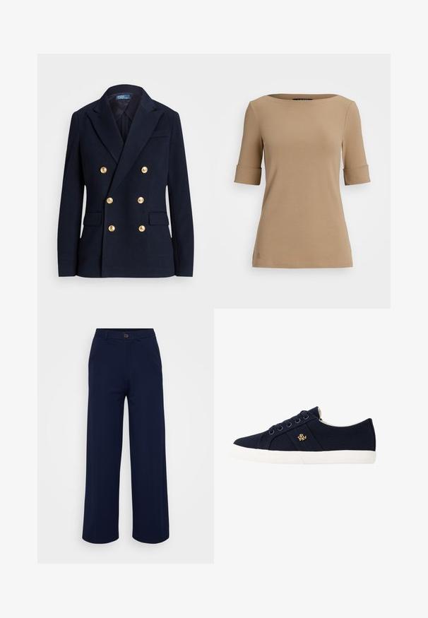 Mornarica dvostruko zatvorena blejzer u teksturiranom materijalu, sa zlatnim dugmadima, rever iskošene kragne i dva prednja džepa.; Bež majica kratkih rukava s okruglim izrezom, koja ima zavrnute manžete i glatku teksturu. Mali logo detalj blizu donjeg ruba.; Even&Odd Petite Hlače - dark blue; Lauren Ralph Lauren JANSON II CANVAS SNEAKER - Tenisice - navy