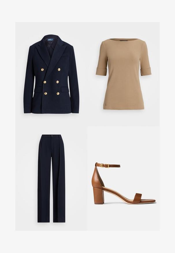 Blazer azul-marinho de botão duplo em tecido texturizado, com botões em tom dourado, lapelas em pico e dois bolsos frontais.; Top bege de manga curta com decote redondo, apresentando punhos dobrados e uma textura suave. Pequeno detalhe de logotipo perto da barra.; Calças largas em azul-marinho com pregas, fecho de botão e uma textura de tecido suave. Projetadas para um ajuste solto e confortável.; Lauren Ralph Lauren LOGAN BURNISHED LEATHER SANDAL - Sandálias - deep saddle tan