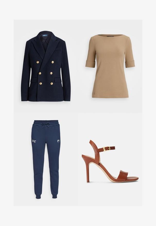 Blazer bleu marin cu două rânduri de nasturi, dintr-un material texturat, având butoane de culoare aurie, rever cu tăietură și două buzunare frontale.; Top bej cu mânecă scurtă și guler rotund, având tivuri răsucite și o textură netedă. Detaliu mic cu logo aproape de tiv.; Pantaloni de trening bleu marin dintr-un material moale, cu talie elastică ajustabilă, manșete ribbate și logo-ul UFC imprimat pe partea stângă.; Sandalii cu toc înalt din piele maro, cu un design elegant, curea la gleznă ajustabilă și un accent subtil din aur. Vârful deschis și textură netedă.