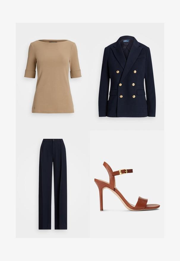 Granatowa marynarka dwurzędowa z teksturowanej tkaniny, z guzikami w kolorze złota, klapami i dwiema przednimi kieszeniami.; Beżowy top z krótkim rękawem i okrągłym dekoltem, z podwiniętymi mankietami i gładką teksturą. Mały detal z logo w pobliżu dołu.; Granatowe spodnie o szerokich nogawkach z plisami, zapinane na guzik, o gładkiej fakturze materiału. Zaprojektowane z myślą o luźnym, komfortowym dopasowaniu.; Brązowe skórzane sandały na wysokim obcasie o eleganckim wzornictwie, z regulowanym paskiem na kostkę i subtelnym akcentem w postaci złotego zapięcia. Otwarty przód i gładka faktura.