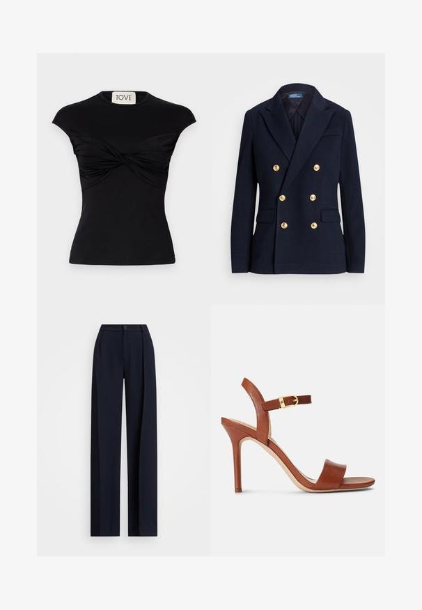 Sötétkék, dupla soros blézer texturált anyagból, aranyszínű gombokkal, bemetszett hajtókával és két elülső zsebbel.; Fekete, rövid ujjú felső, csavarodott elülső részlettel és testhez simuló sziluettel. Sima és rugalmas anyagból készült. Márka: TOVE.; Hajózási stílusú, széles lábú nadrág redőkkel, gombos záródással és sima szövettextúrával. Szellős, kényelmes illeszkedésre tervezve.; Barna bőr, magas sarkú szandál, elegáns kialakítással, állítható boka pánttal és diszkrét arany csattal. Nyitott orrú és sima textúrájú.