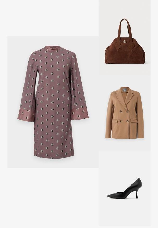 Kétgombos, barna blézer sima anyagból, bemetszett gallérral, két elülső zsebből és kör alakú, finom mintázatú gombokkal.; Hosszú ujjú ruha poros rózsaszín szövetből, sötét szürke és fekete geometrikus gyémántmintával, kontrasztos selyemmandzsettákkal.; Fekete bőr magassarkú cipő, hegyes orral és vékony sarokkal, sima textúrával és klasszikus szilhuettal.; Barna velúr kézi táska, strukturált formával, kerek testtel és megnyújtott gyémánt alakú fogantyúkkal. Ezüst színű záródással rendelkezik.