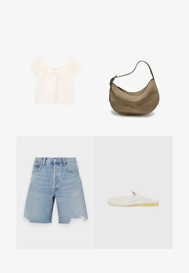 Blazer giallo chiaro realizzato in tessuto liscio, dotato di rever a punta, due tasche frontali e due bottoni. Silhouette su misura con taglio dritto.; Mango PRETTY - Camicetta - off-white; Shorts in denim azzurro chiaro con vita alta, caratterizzati da un orlo sfrangiato, due tasche frontali e un classico design a cinque tasche.; Scarpa in plastica trasparente, senza lacci, con una trama a griglia, punta arrotondata e un piccolo accento argentato sulla cinghia. Suola flessibile di colore translucido.; Borsa hobo in suede marrone con forma curva, tracolla singola, chiusura con zip e superficie liscia. Design semplice con dettagli hardware minimi.