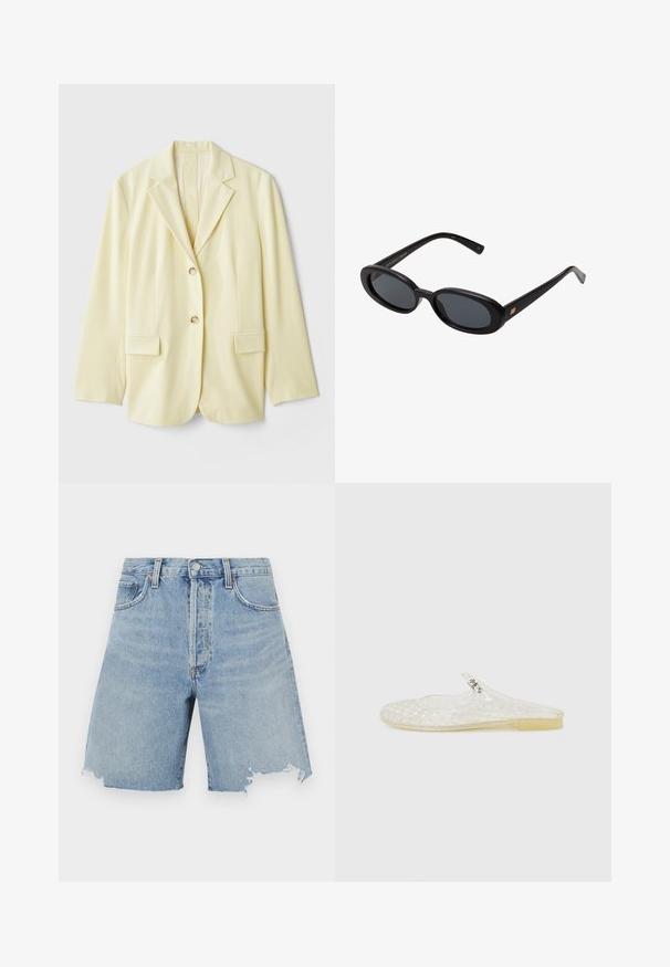 Blazer jaune clair en tissu lisse, avec un col à revers, deux poches avant et deux boutons. Silhouette ajustée avec une coupe droite.; T-shirt blanc à manches courtes en coton, avec un col rond et une coupe décontractée, sans motifs ni graphismes visibles.; Shorts en denim bleu clair taille haute, avec un ourlet effiloché, deux poches avant et un design classique à cinq poches.; Chaussure en plastique transparent à enfiler avec un motif en grille, bout rond et un petit accent argenté sur la sangle. Semelle flexible de couleur translucide.; Lunettes de soleil noires surdimensionnées avec des verres ovoïdes, monture en plastique lisse et accents dorés sur les tempes. Les verres sombres offrent une protection contre le soleil.; Sac hobo en suédine marron avec une forme incurvée, une bandoulière unique, une fermeture éclair et une texture lisse. Design simple avec des détails matériels minimaux.