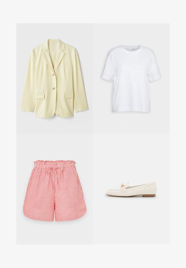 Ljusgul blazer i slätt tyg, med en notchad krage, två frampocket och två knappar. Skräddarsydd silhuett med rak passform.; Vit kortärmad t-shirt, rundad halsringning, tillverkad av mjuk, slät bomullstyg, med rak fåll och minimal detaljering. En enkel och mångsidig design.; Rödrandiga och vitrandiga shorts med elastisk midja och snörning. Har en avslappnad passform och en mjuk textur.; Vita läderloafers med platt sula, utrustade med en detalj av guldfärgad spänne och en slät yta. Klassisk design med enkla linjer.