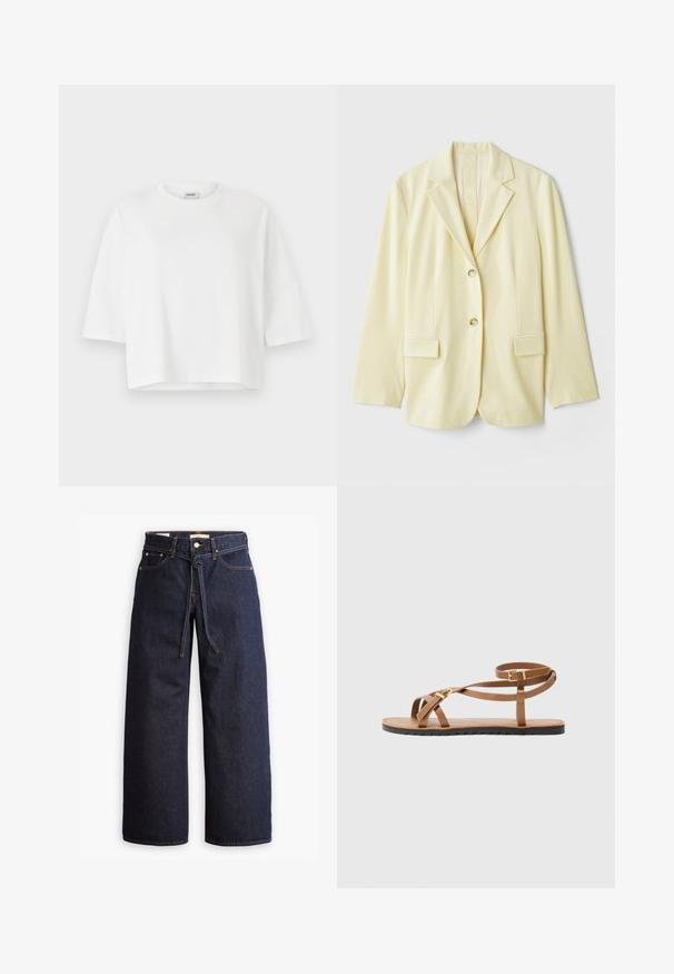 Light yellow blazer made of smooth fabric, featuring a notched lapel, two front pockets, and two buttons. Tailored silhouette with straight cut.; White cropped t-shirt with a round neckline and short sleeves, made from soft cotton. Simple design, no patterns or embellishments.; Wide-leg dark blue denim jeans with a high waist, featuring a drawstring tie, five pockets, and contrasting stitching details.; Brown leather sandal with thin strappy design, featuring a gold-tone buckle and flat black sole with zigzag edge.