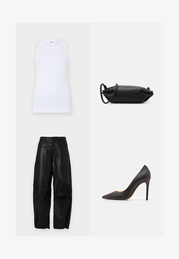 Svart och grå rutmönstrad kavaj med slagkrage, dubbelsidig knäppning, två framfickor och textil med struktur.; Vit ärmlös linne i ribbad bomull. Har en rund halsringning och en figurnära silhuett. Inga synliga mönster eller detaljer.; Svarta läderbyxor med lös passform, med en rak bendesign, framfickor och synliga sömdetaljer.; Svart läder högklackad pumpsko med spetstipp och slät textur, med en smal klack och minimalistisk design.; Svart läderkuvertväska med rektangulär form, slät yta, tunn axelrem och minimalistisk design.