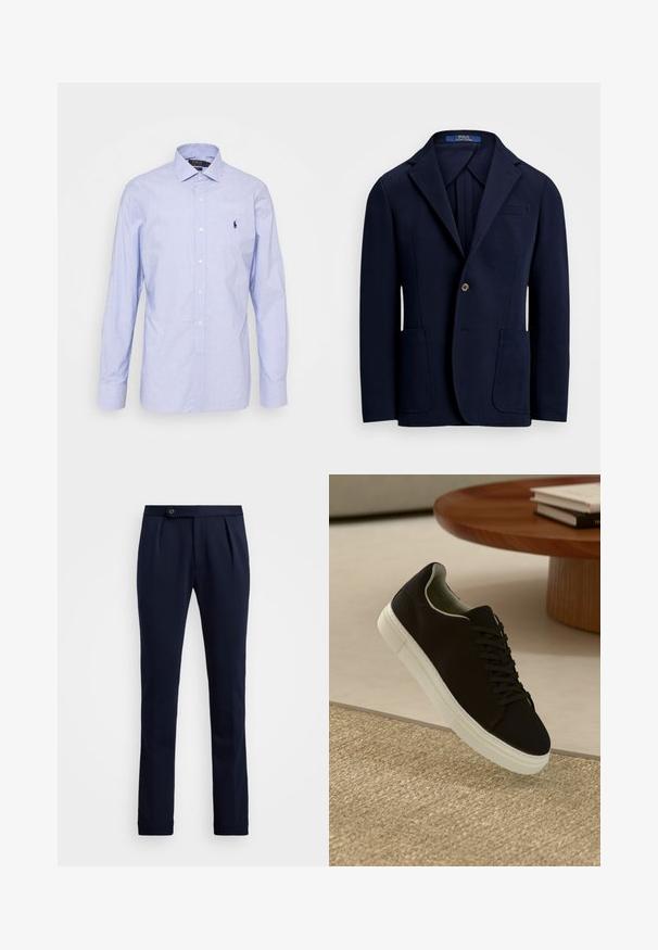 Blazer blu navy realizzato in tessuto liscio, con rever a punta, due tasche frontali e chiusura a un bottone con una leggera lucentezza.; Camicia a maniche lunghe di colore blu chiaro, realizzata in un tessuto morbido. Presenta un colletto classico, una placca frontale e un piccolo logo ricamato sul petto.; Pantaloni tailored blu navy con pieghe frontali, chiusura con bottone laterale in vita e una vestibilità slim dritta.; Sneaker nero con suola bianca che flotta sopra un tappeto beige testurizzato vicino a un tavolo rotondo in legno con libri impilati.