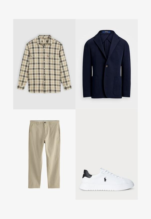Jūrinis švarkas, pagamintas iš lygaus audinio, su išpjautomis apykaklėmis, dviem priekinėm kišenėm ir vieno mygtuko užsegimu, turintis švelnų blizgesį.; Ilgas rankovės švarkelis su raštu, pagamintas iš smėlio, juodos ir rudos spalvos audinio, su mygtukų uždarymu, dviem krūtinės kišenėmis ir klasikinio tipo apykakle.; Smėlio spalvos tiesios kelnės su diržo kilpelėmis, dviem šoninėmis kišenėmis, priekyje užsegamos mygtuku ir užtrauktuku.; Balti žemesnio profilio sportiniai bateliai su juodu kulno užtrauktuku ir juodu Polo Ralph Lauren logotipu šone, su baltais raišteliais ir storu guminiu padu.