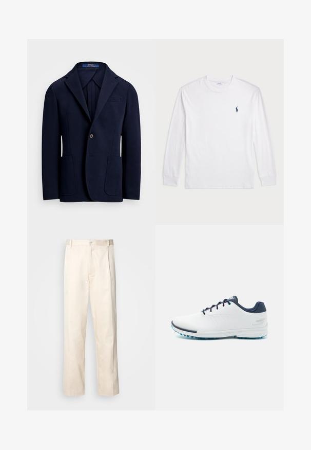 Navy blazer made of smooth fabric, featuring a notched lapel, two front pockets, and a single button closure with a slight sheen.; White long-sleeve T-shirt made of cotton. Features a round neckline, ribbed cuffs, and a small navy blue polo logo on the left chest.; Beige cotton trousers with a straight-leg cut, featuring a button closure and pleats at the front for added detail.; White athletic shoes with a smooth synthetic upper, blue accents, textured navy heel, and a lightweight, spiked sole for traction.